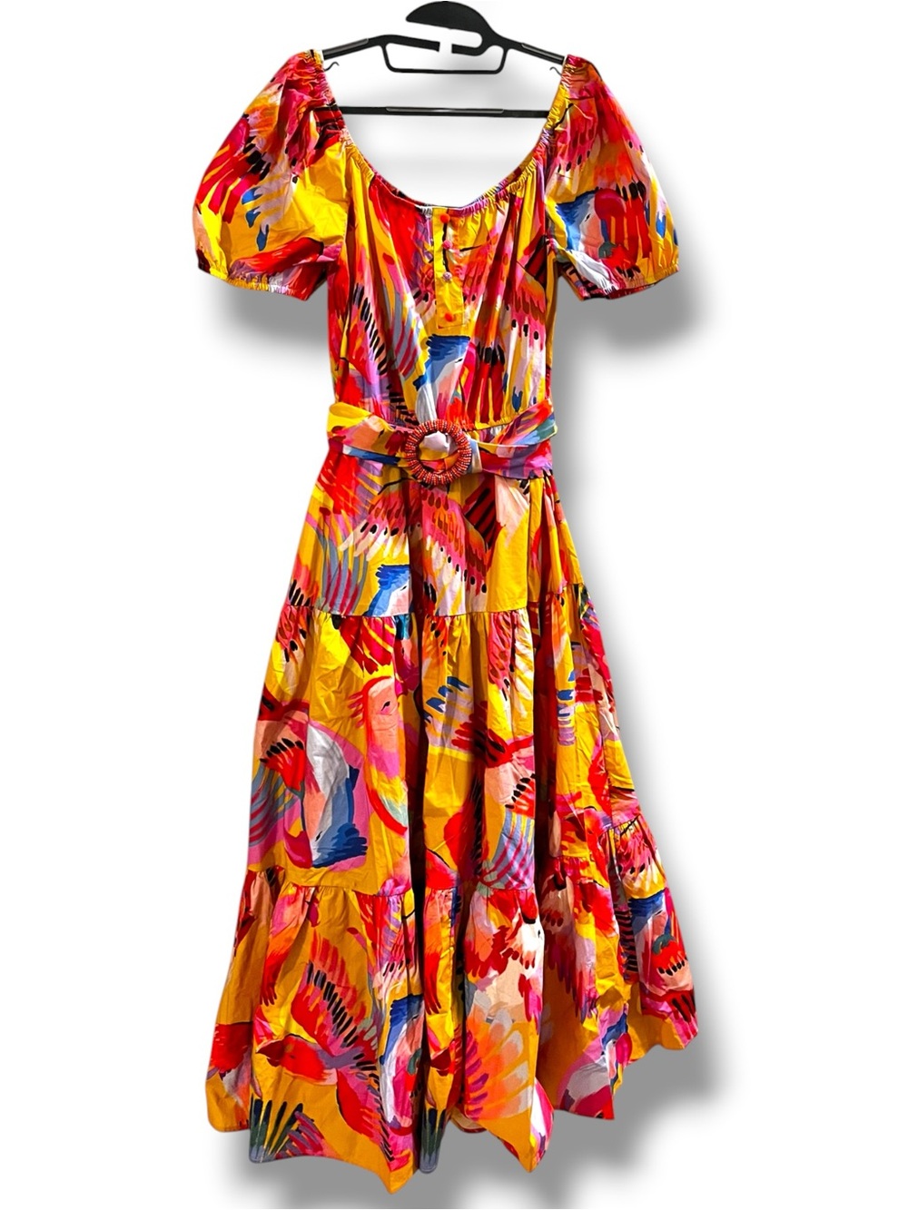 NEW Farm Rio Neon Macaws Maxi Dress Size XL Tiered Tropical Puff Sleeves Belted